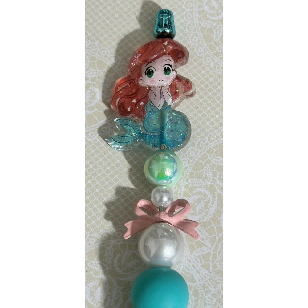 Little Mermaid Fancy Custom Beaded Pen Teal Bow Pearls Sparkle Girly Coquette